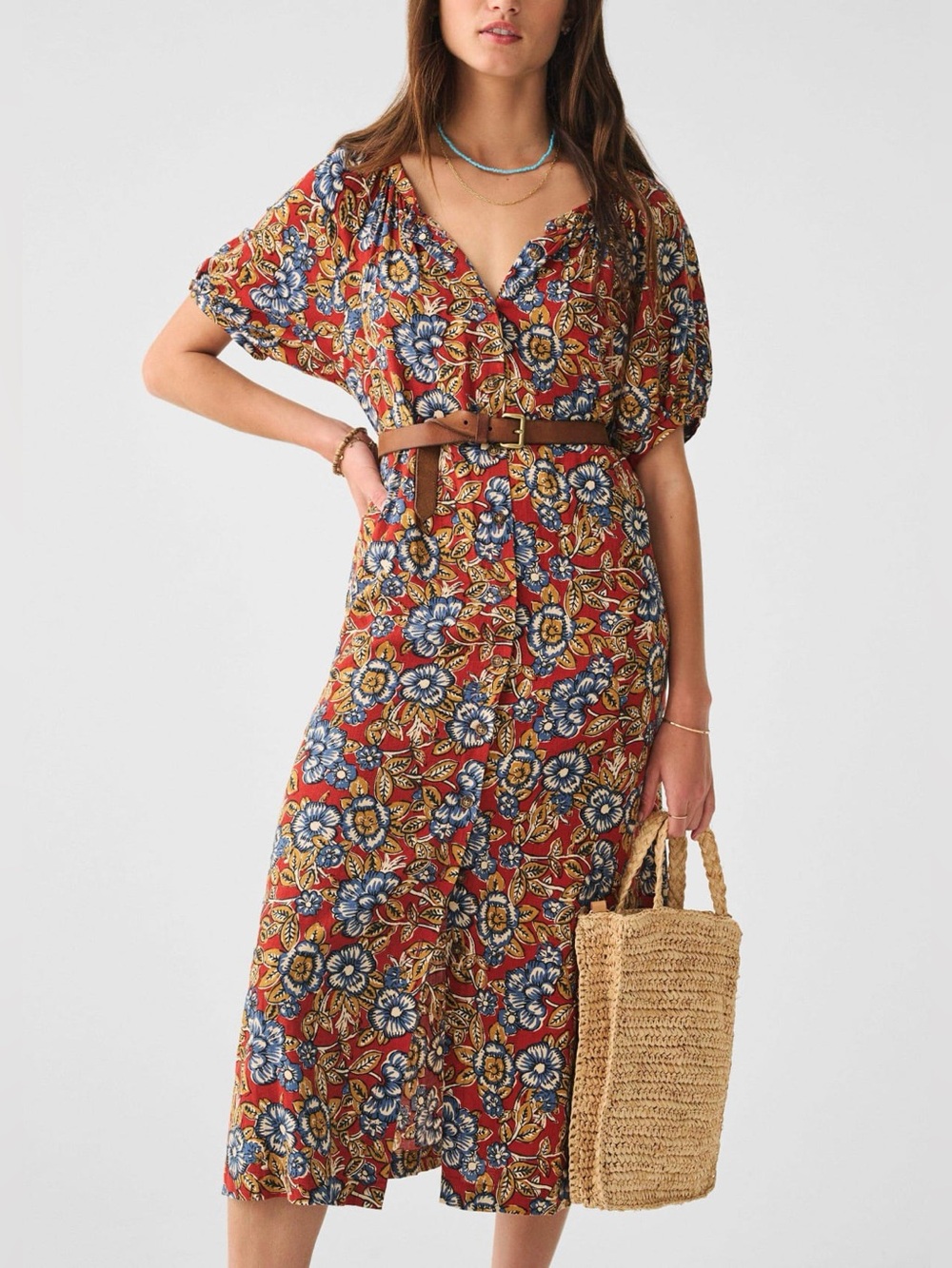Faherty Carmel Linen Floral Midi Dress S
